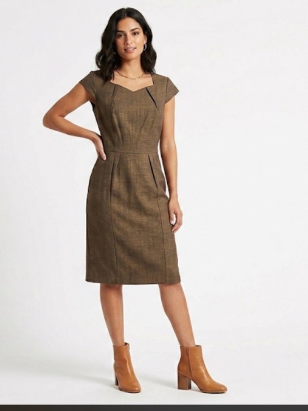 ANTONIO MELANI Brown Midi Sheath Dress with Cap Sleeves
